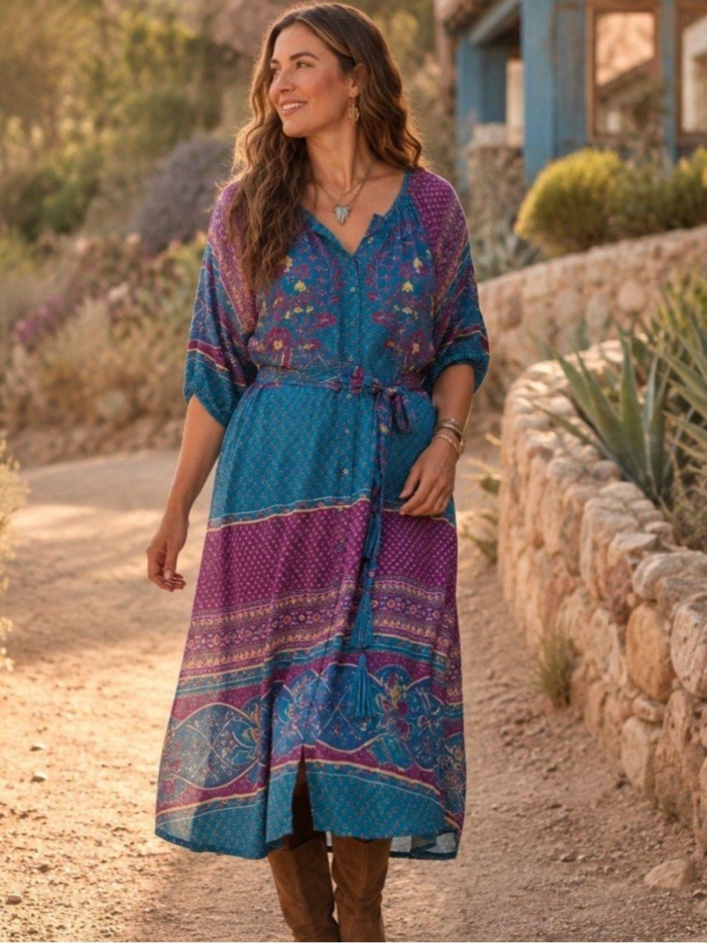 Sundance La Villette Midi Dress Size Small Floral Boho Satin Bohemian Blue